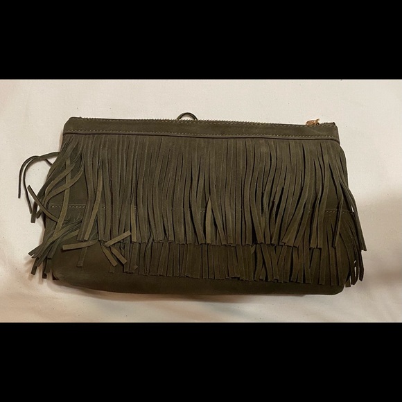 India Hicks Olive Suede Fringe Clutch-Douglas Bag